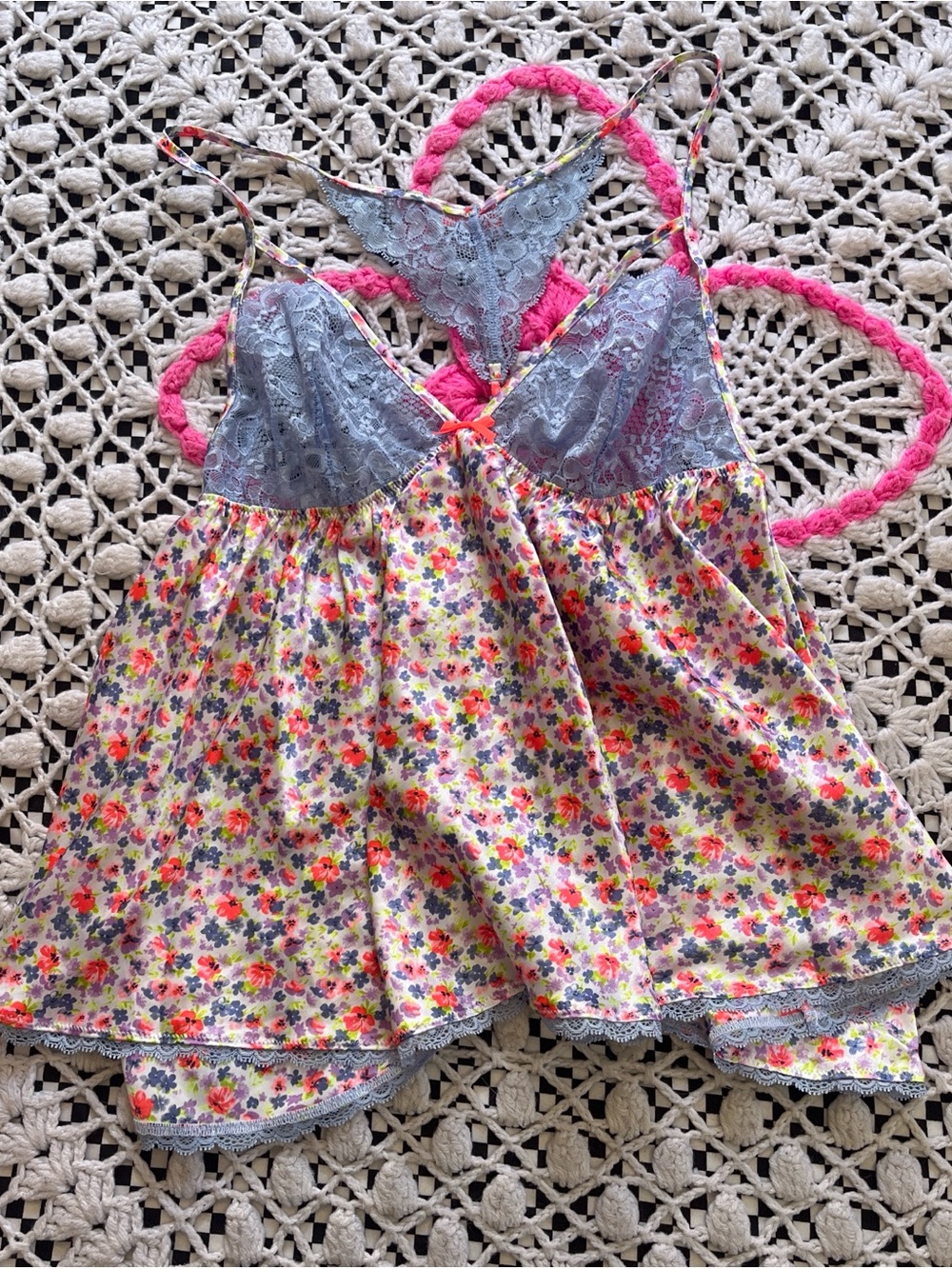 2014 Victorias Secret Floral Lace Trim Babydoll Tank Top - Blue & Multicolor